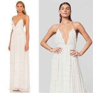 NWT RETROFETE Silk Crystal Embellished Open Back Sleeveless Plunge V-Neck Gown S